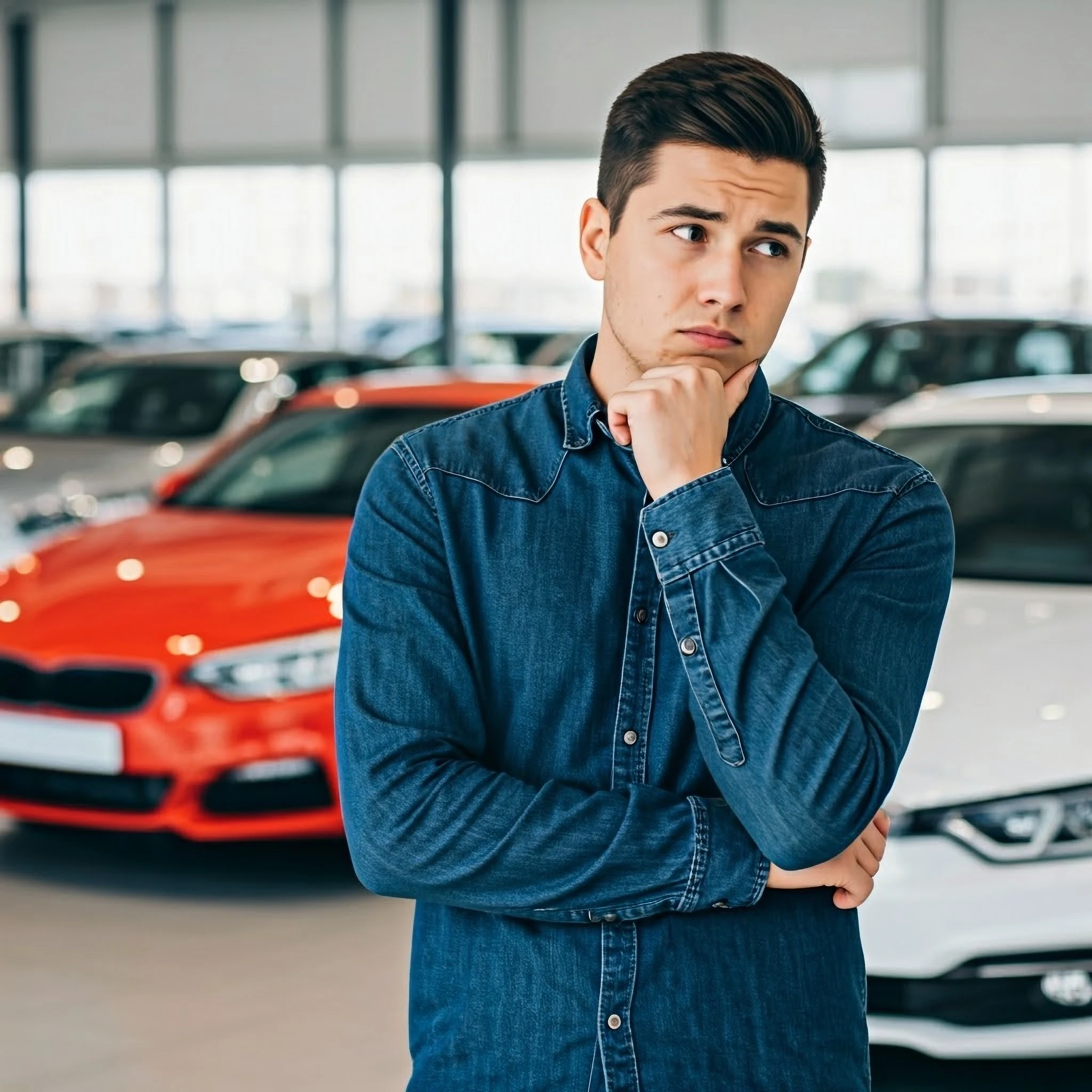Persona pensativa en una agencia, con un coche rojo al fondo